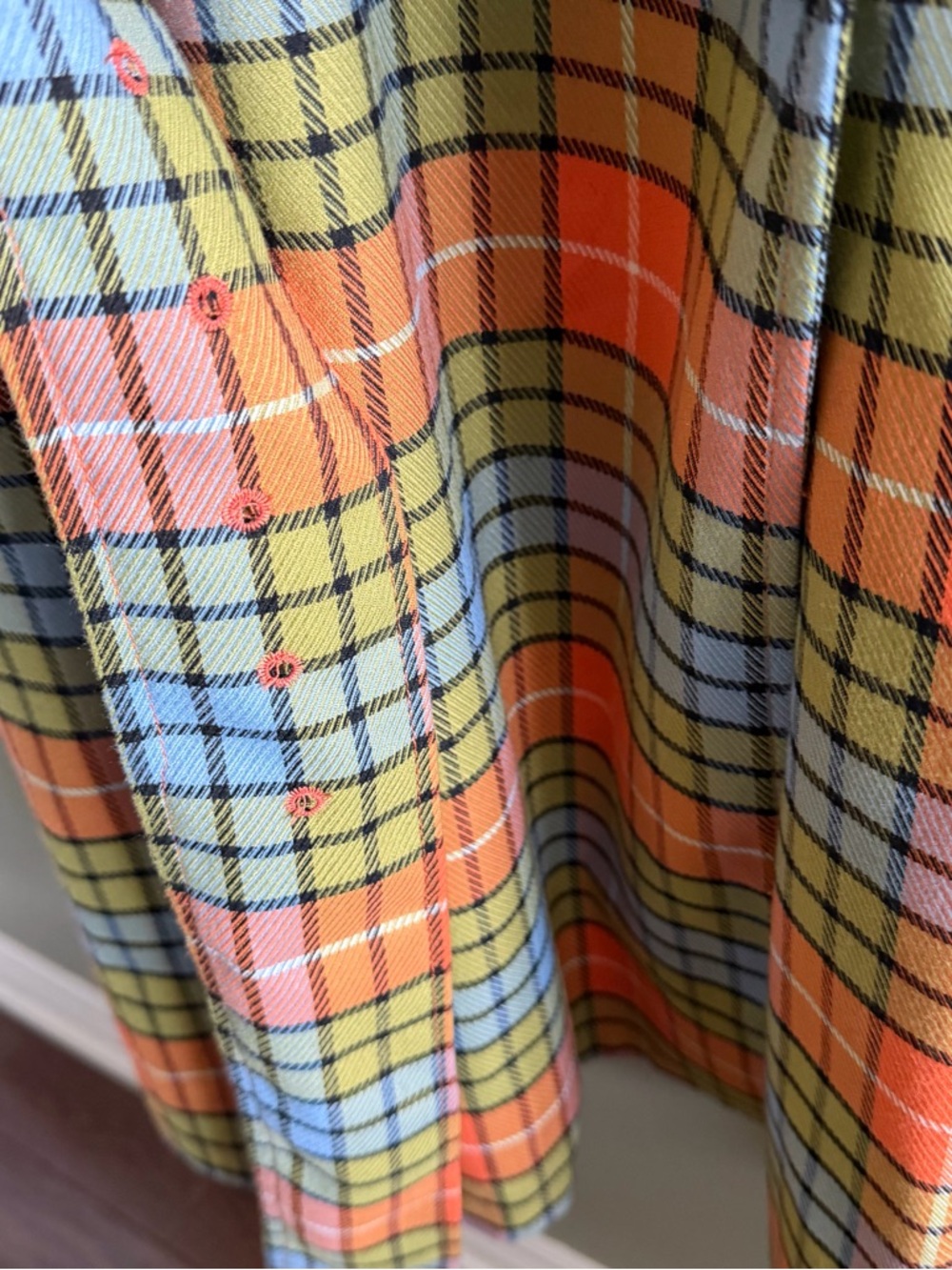 Hilary MacMillan Plaid Belted Trench Coat in Orange & Blue - Picture 11 of 16